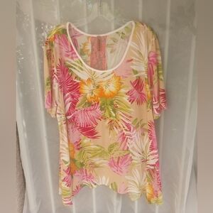 2/$15 Women's Pullover Sharkbite Tropical Tunic w pink lace Top New 1x & 2x